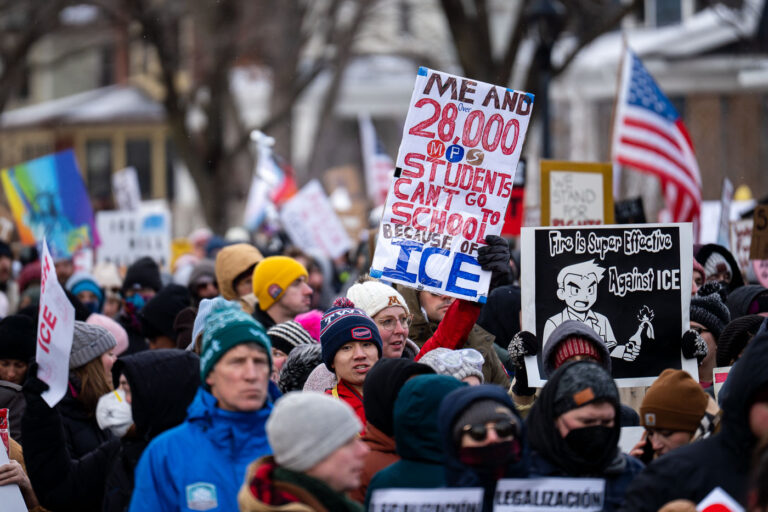 Students Can't Go To School, Minneapolis 2 Protest sign referring to Minneapolis Public Schools who cancelled classes after ICE was reported to be shooting less lethal weapons at students.Thousands march through South Minneapolis tonight protesting the actions of the thousands of ICE agents that have descended upon the city in the last month.