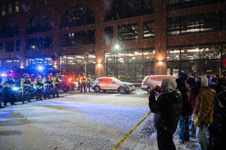 Unlawful Assembly at snowy protest in Minneapolis 1 State officers made about 15-20 arrests in downtown Minneapolis following a "noise demo" at what protesters believe is a hotel ICE agents are staying at.