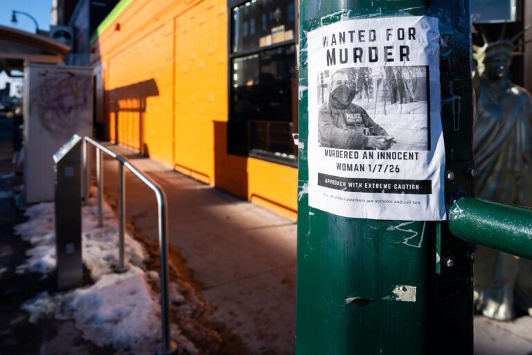 Wanted For Murder Flyer, Renee Good, Lake & Lyndale, Minneapolis 4 A "Wanted for Murder" flyer is posted on a pole at Lake and Lyndale in Minneapolis, accusing an ICE agent of killing Renee Good.
