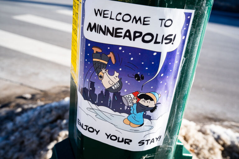Welcome to Minneapolis, Charlie Brown Cartoon 1 Charlie Brown and Lucy van Pelt, created by Minneapolis cartoonist Charles Schulz, have entered the building.Flyer seen at Lake Street and Lyndale Avenue in Uptown Minneapolis on January 14th, 2026.