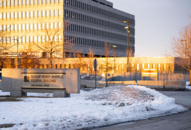 More arrests outside the Bishop Henry Whipple Building. From what i’ve seen, it looks like the Border Patrol officers around it have been swapped out with those from the United States Bureau of Prisons along with the Department of Homeland Security police. 

The building was reportedly on a list last year to be sold off by the General Services Administration. At the time, this news prompted Senator Amy Klobuchar and Tina Smith to write a letter to GSA stating “If this building is abruptly closed, it will cause immediate harm to Minnesota veterans and military readiness”. 

It’s now being used as an ICE detention and enforcement facility. Yesterday, US Representatives Ilhan Omar, Jackie Craig and Kelly Morrison visited the facility only to be asked to leave and blocked from access shortly after arriving.