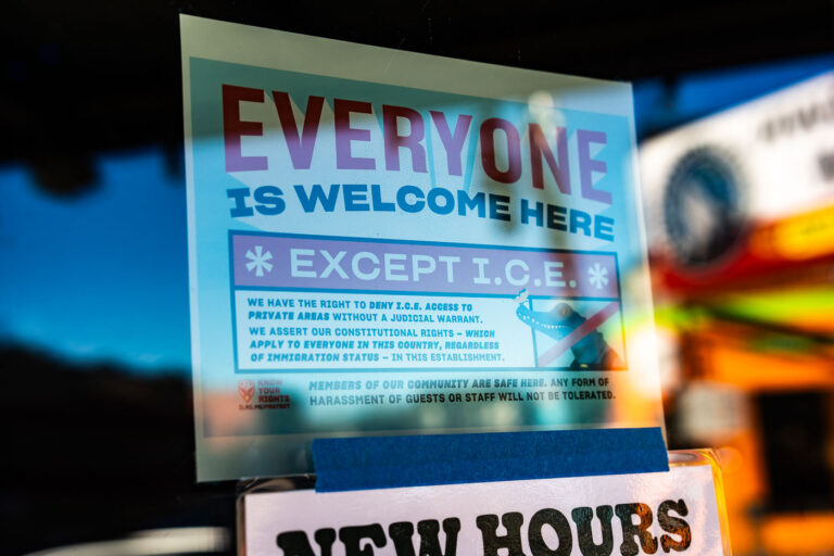 Wrecktangle Pizza Anti ICE sign, Minneapolis 1 A sign posted on the window of Wrecktangle Pizza on Lyndale Avenue in Minneapolis on January 14, 2026.EVERYONEIS WELCOME HERE* EXCEPT I.C.E. *We have the right to deny I.C.E. access to private areas without a judicial warrant.We assert our constitutional rights — which apply to everyone in this country, regardless of immigration status — in this establishment.Members of our community are safe here. Any form of harassment of guests or staff will not be tolerated.
