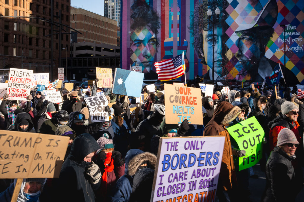 Thousands march through downtown Minneapolis on January 23, 2026. Marching through -30F windchills, they are protesting the actions of federal agents that have been deployed to the city since December.