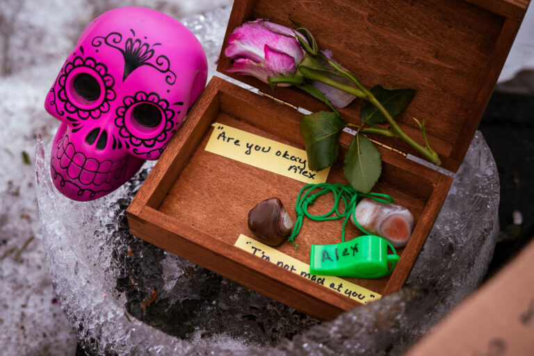 Alex Pretti and Renee Good last words, Minneapolis 2 A box at the Alex Pretti Memorial on Nicollet Avenue in Minneapolis on February 12, 2026. Inside the box is a whistle, stones, a flower along with 2 quotes. "Are you okay?" and "I'm not mad at you" are some of the last words of Alex Pretti and Renee Good, both killed by federal agents in Minneapolis.