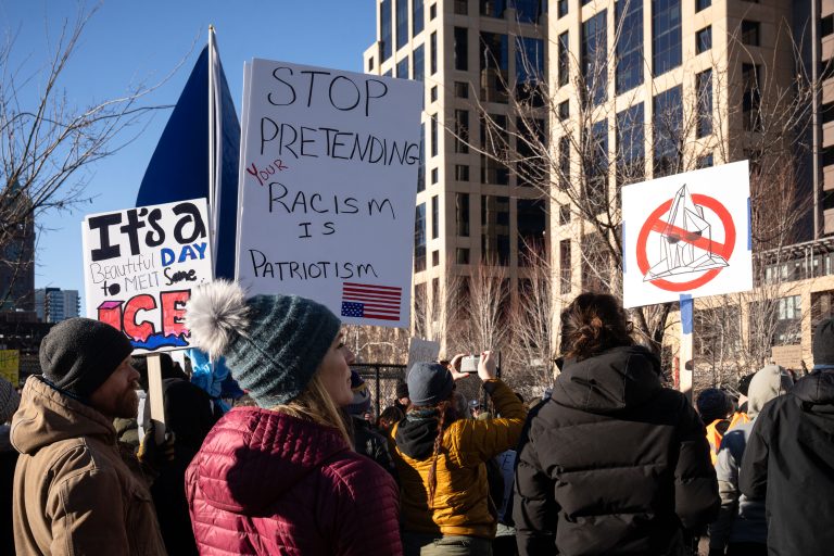 Minneapolis Protest Against ICE, February 2026 1 Protesters in downtown Minneapolis hold signs opposing ICE policies in February 2026.