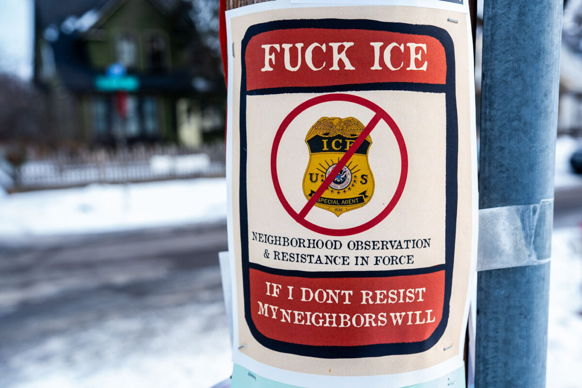 Sign seen in South Minneapolis.
"FUCK ICE"
"NEIGHBORHOOD OBSERVATION & RESISTANCE IN FORCE"
"IF I DON’T RESIST MY NEIGHBORS WILL"