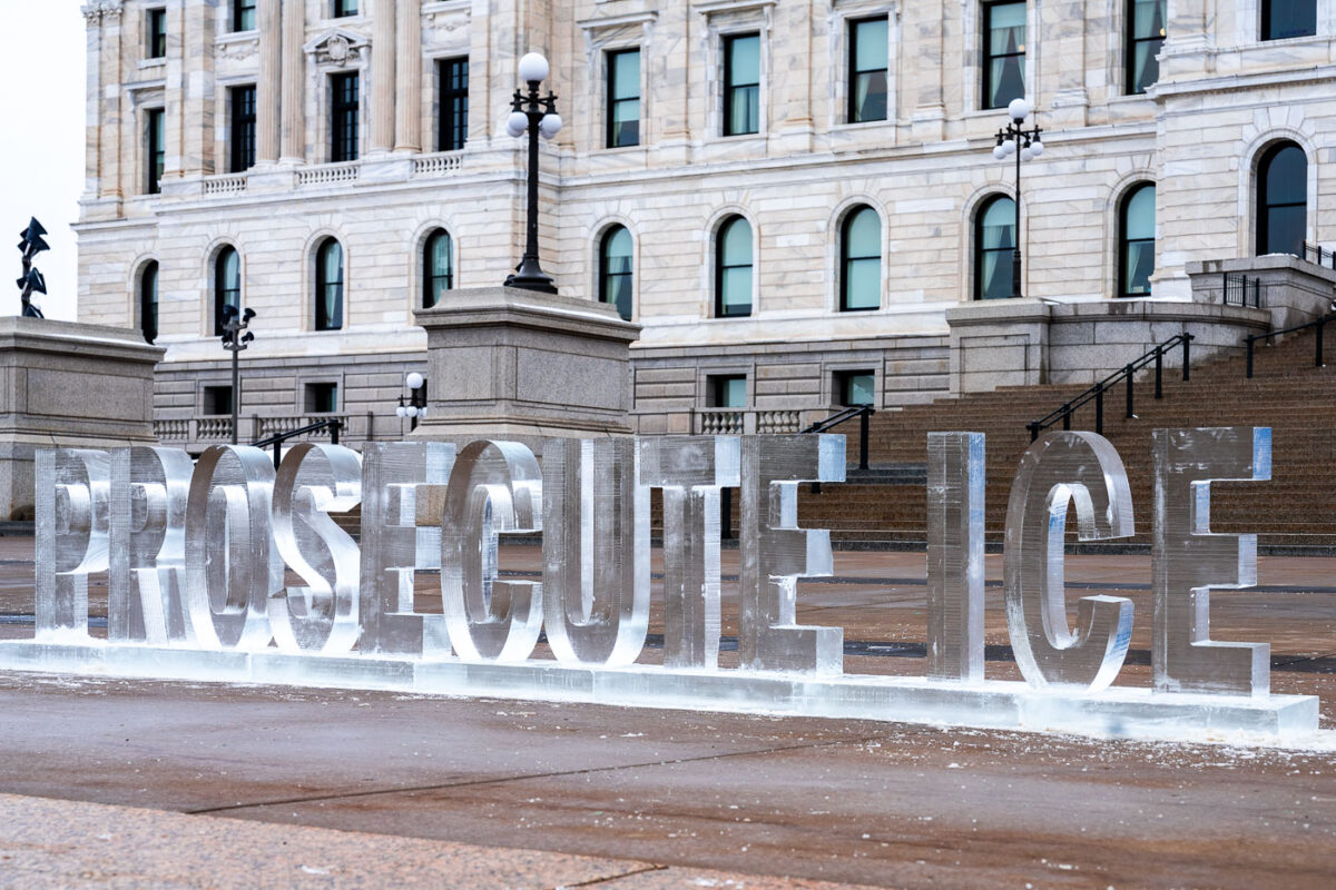 An ice sculpture that reads "PROSECUTE ICE" at the Minnesota State Capitol on January 5, 2026. I'm told the organization behind the sculpture is Common Defense.
