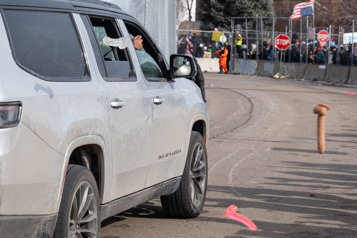 This afternoon at the Whipple building where expired dicks were being thrown at ICE vehicles and those believed to be agitators. The building has been used as a “base” for the thousands of federal agents that have arrived in Minnesota as well as a holding center for those detained.
The area has been a place of protest since December.