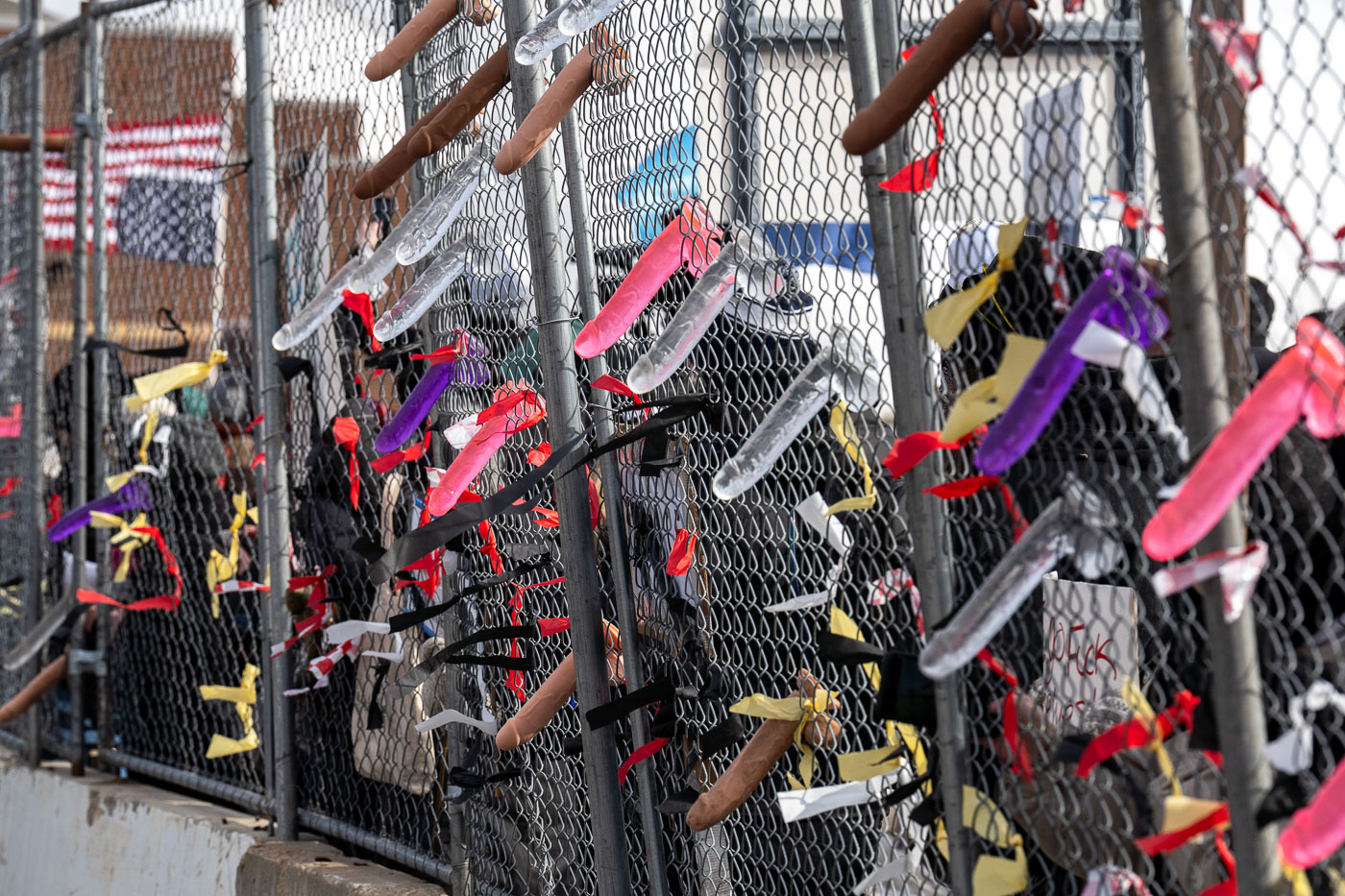 Dildos on the fence outside Whipple Federal Building, Minneapolis
