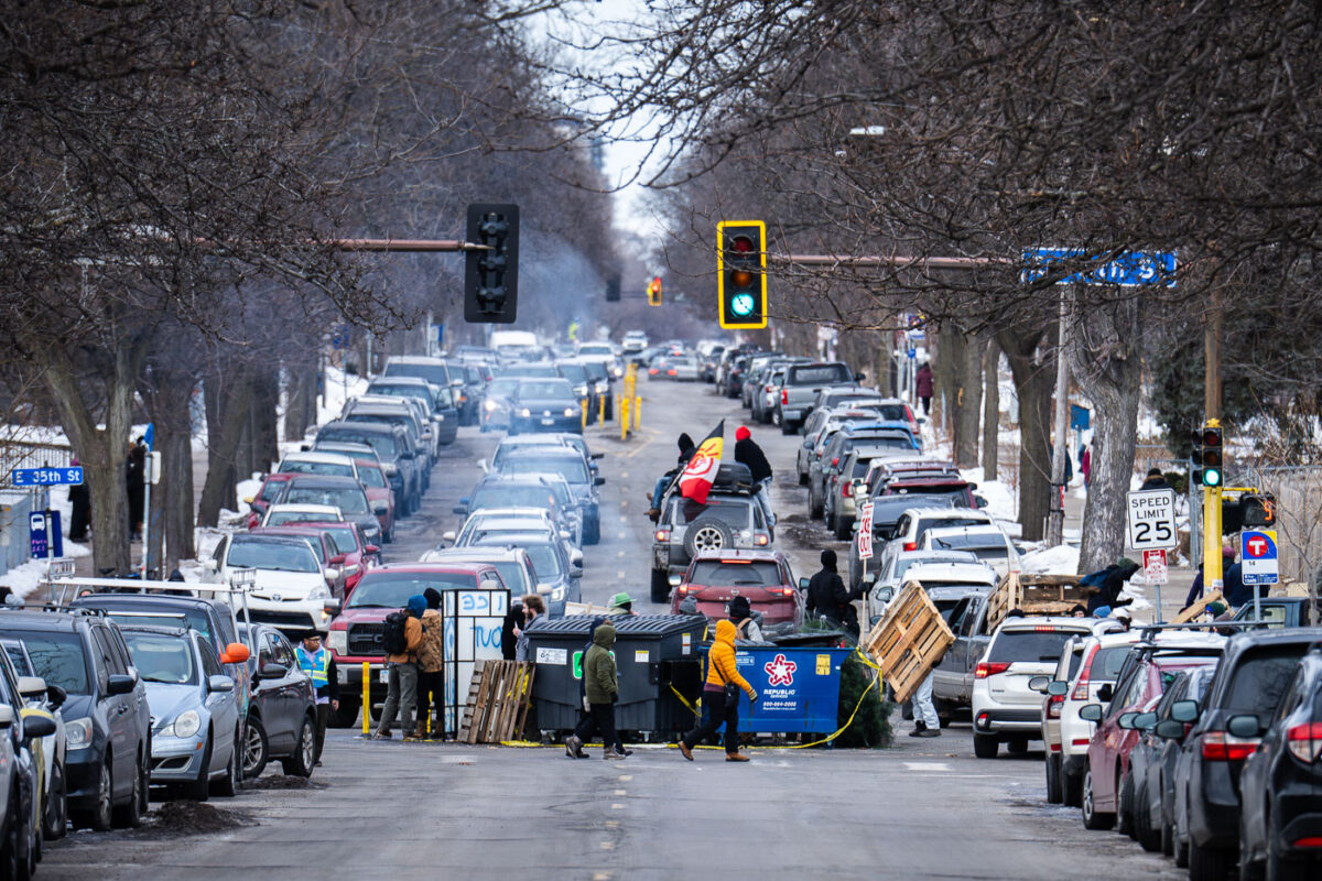 A "filter blockade" setup on Bloomington Avenue in Minneapolis. Saw quite a few of these today.
Those at the barricades have told me they're to bring community together and protect their neighborhoods by not allowing federal agents through if identified.