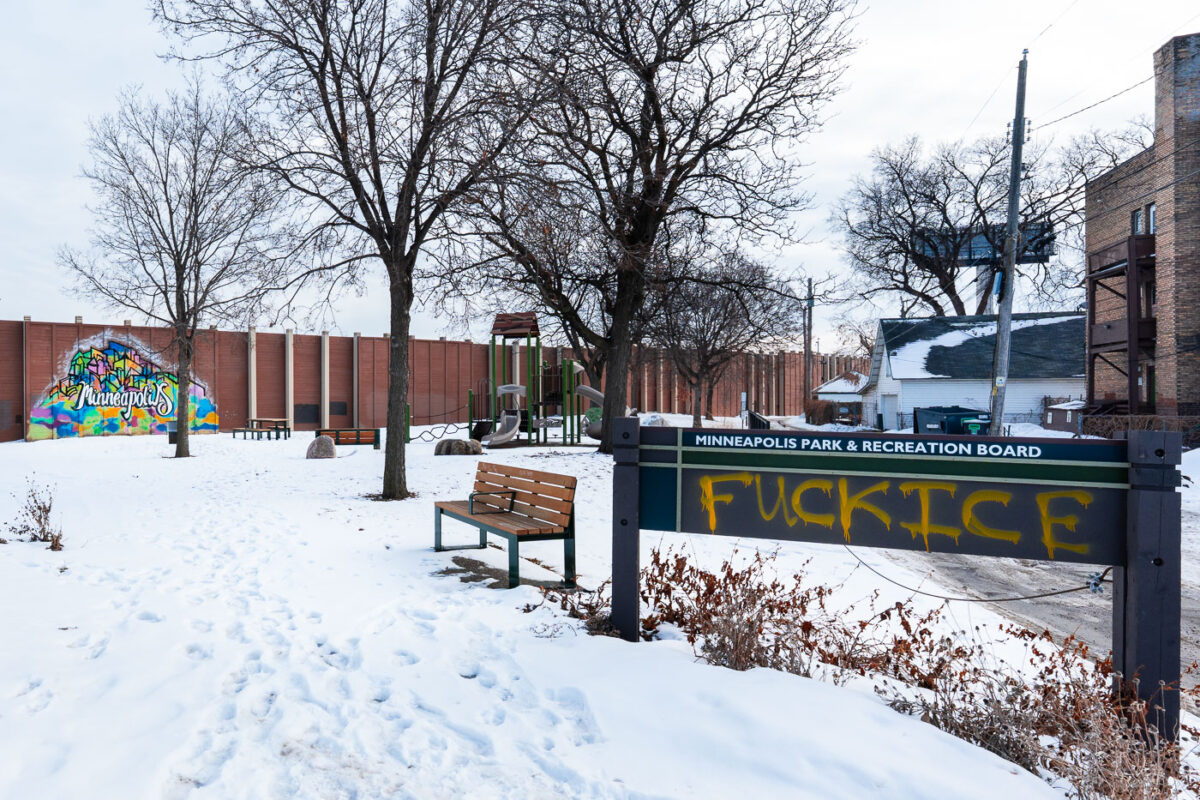 The Minneapolis mural and "FUCK ICE" graffiti at Chickadee Park in Minneapolis.