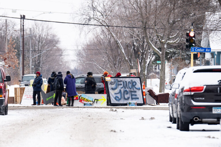 FUCK ICE sign at Minneapolis Filter Blockade 1 Some in South Minneapolis have created what they call “filter blockades” on Cedar Ave. A handout says the roundabout like blockade is meant to bring neighbors together to strategize against ICE while also identifying traffic coming into the area.Minneapolis February 1, 2026