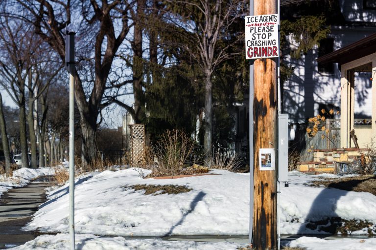"Please Stop Crashing Grindr" Sign Aimed at ICE Agents in South Minneapolis 2 Protest sign on a telephone pole requesting ICE agents stop crashing Grindr in South Minneapolis.