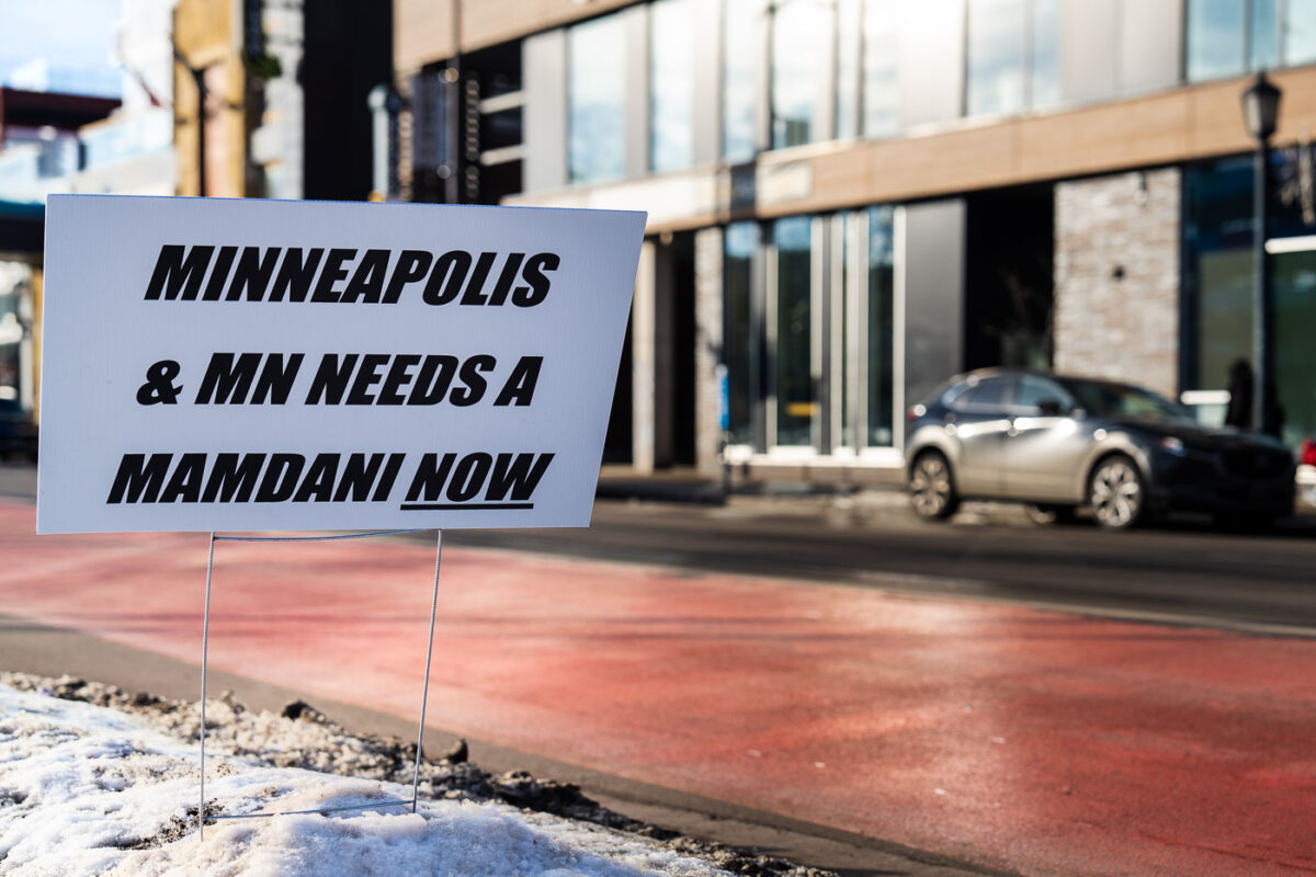 A protest sign seen on Lake Street in Uptown Minneapolis on February 5, 2026. It reads "Minneapolis & MN needs a Mamdani now".