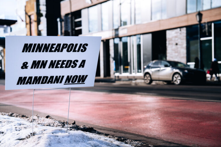 Minneapolis Mamdani Protest Sign 1 A protest sign seen on Lake Street in Uptown Minneapolis on February 5, 2026. It reads "Minneapolis & MN needs a Mamdani now".