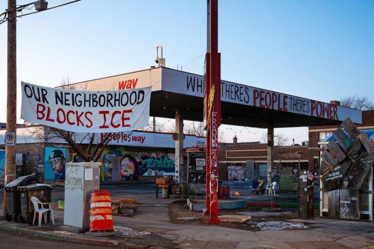 Our Neighborhood Blocks ICE, George Floyd Square 2 An "Our Neighborhood Blocks ICE" sign at George Floyd Square in Minneapolis on February 12, 2026.The sign hangs at the corner of Chicago Avenue and 38th Street in what has continued to be a place of protest since the murder of George Floyd. The sign hangs during "Operation Metro Surge", the name of the government operation that has sent thousands of federal agents into the city.