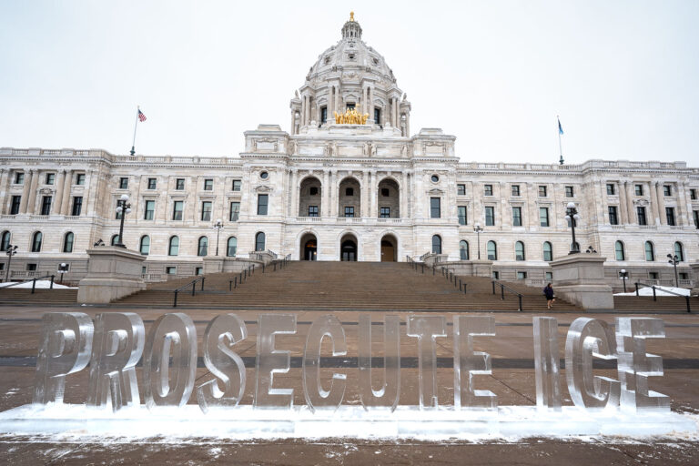 Prosecute ICE Sculpture at the Minnesota State Capitol 1 This morning at the Minnesota State Capitol in St. Paul.
An ice sculpture that reads "PROSECUTE ICE". I'm told the organization behind the sculpture is Common Defense.