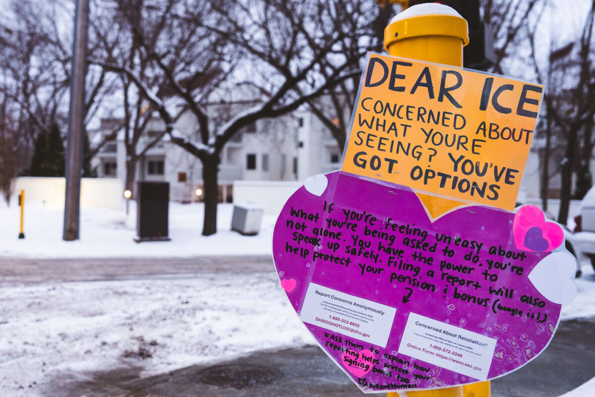 Heart shaped sign seen in Minneapolis addressed to ICE:
“If you’re feeling uneasy about what you’re being asked to do, you’re not alone. You have the power to speak up safely. Filing a report will also help protect your pension & bonus"
Numbers given for DHS Office of Inspector General and Office of Special Counsel.
Minneapolis February 2, 2026