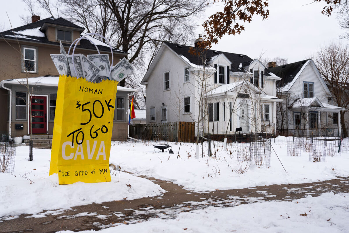 A large CAVA bag stuffed with what it says is $50,000 for White House Border Czar Tom Homan. 

It’s been reported Homan took bribery money when he was recorded by the FBI accepting a bag full of $50,000 in cash.

“ICE GTFO OF MN”