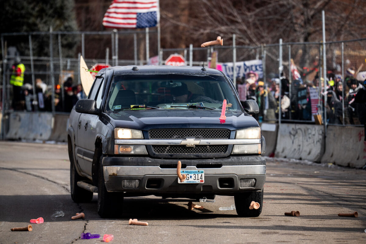 This afternoon at the Whipple building where expired dicks were being thrown at ICE vehicles and those believed to be agitators. The building has been used as a “base” for the thousands of federal agents that have arrived in Minnesota as well as a holding center for those detained.
The area has been a place of protest since December.