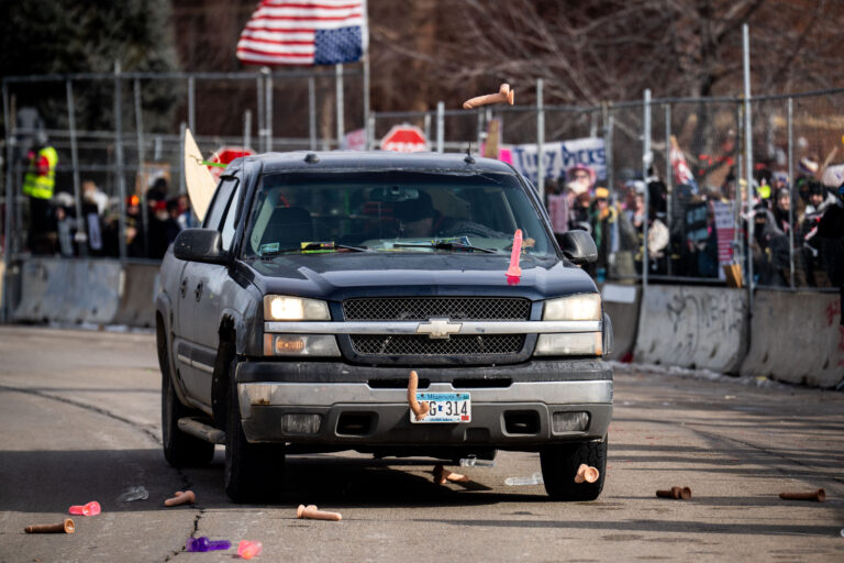 Truck with dicks thrown at it in Minneapolis 3 This afternoon at the Whipple building where expired dicks were being thrown at ICE vehicles and those believed to be agitators. The building has been used as a “base” for the thousands of federal agents that have arrived in Minnesota as well as a holding center for those detained.
The area has been a place of protest since December.