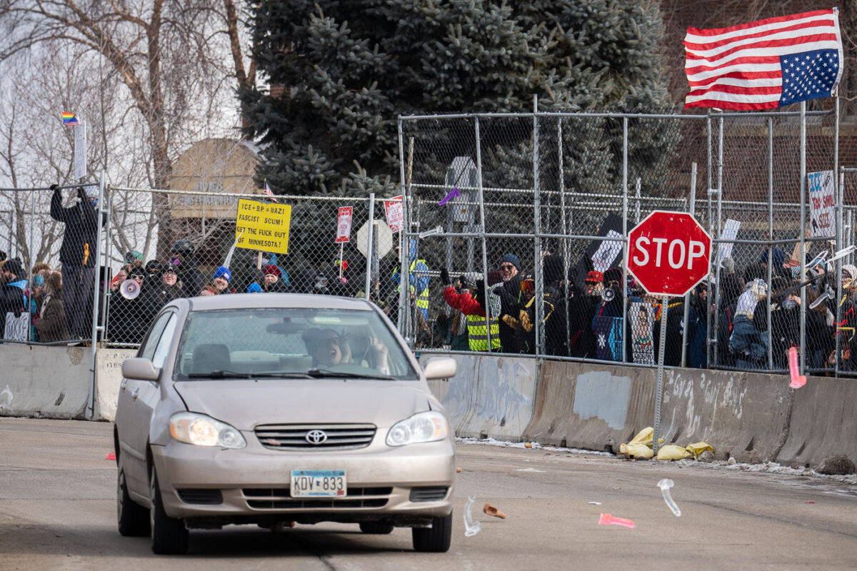 This afternoon at the Whipple building where expired dicks were being thrown at ICE vehicles and those believed to be agitators. The building has been used as a “base” for the thousands of federal agents that have arrived in Minnesota as well as a holding center for those detained.
The area has been a place of protest since December.
