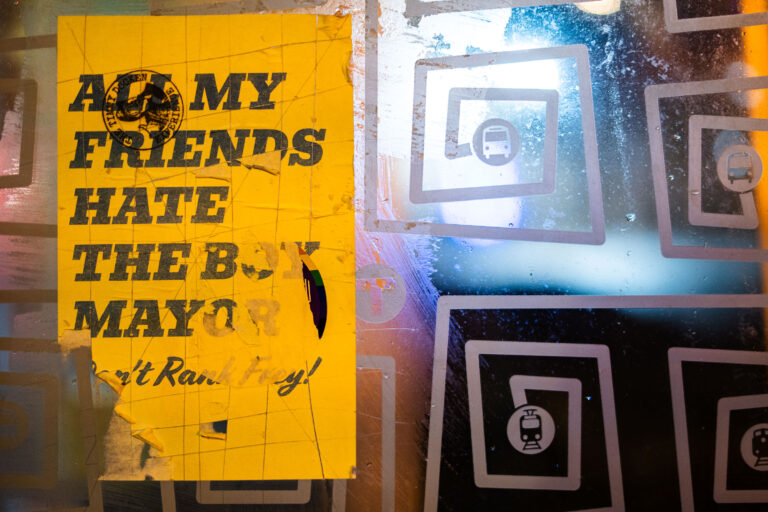 Don't Rank Frey Sticker on Bus Stop 1 A sticker on a Minneapolis bus stop reads "All my friends hate the boy Mayor. Don't Rank Frey!"