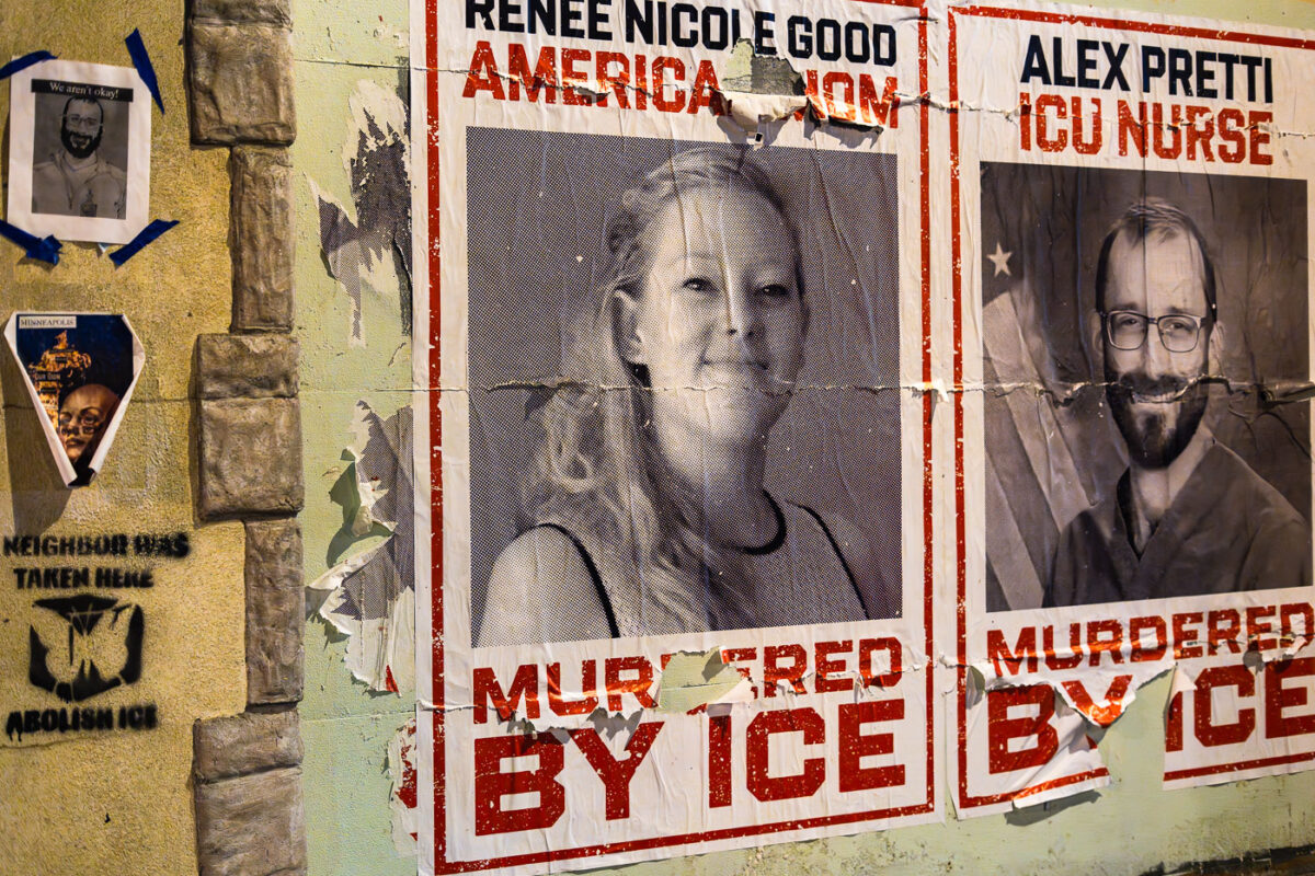Posters on Nicollet Avenue in South Minneapolis on March 4, 2026. The MURDERED BY ICE posters can be seen all around Minneapolis. Next to them is a stamp that reads "A neighbor was taken here. Abolish ICE"