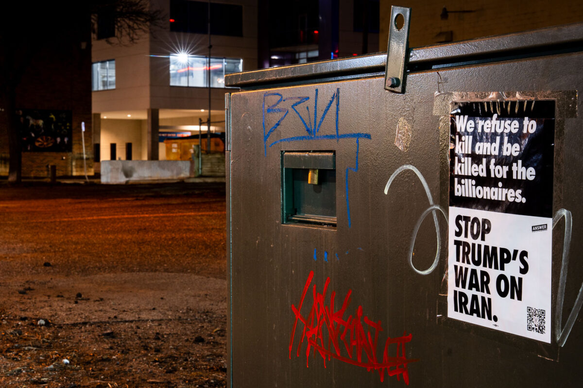 Uptown Minneapolis: Anti-War Protest Flyer on Utility Box