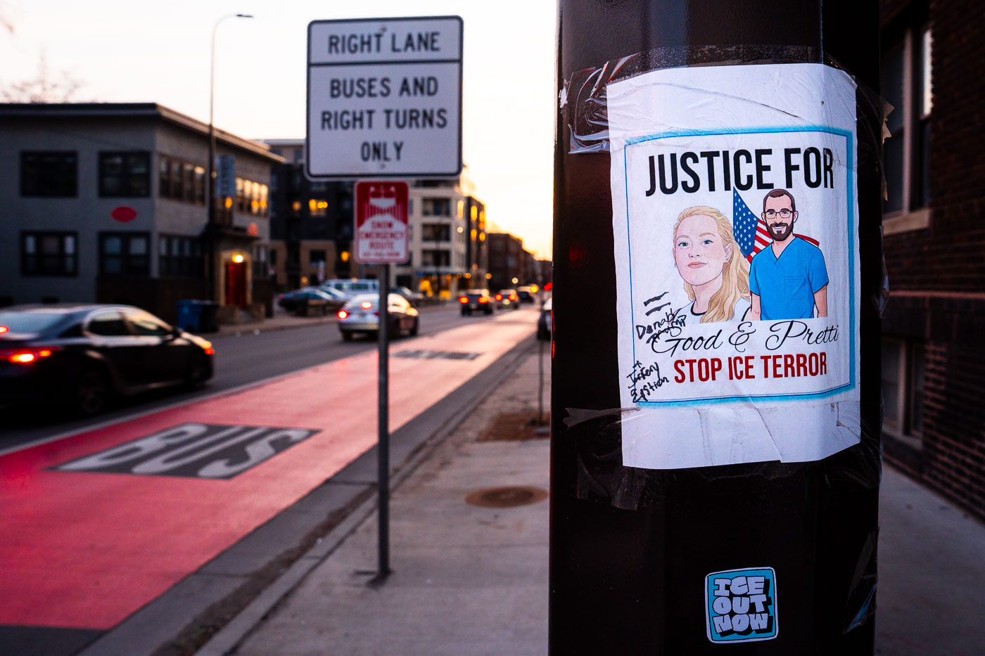 Protest flyer in Uptown Minneapolis calls for justice for Good & Pretti and demands an end to ICE terror. The flyer is posted on a utility pole near a bus lane.