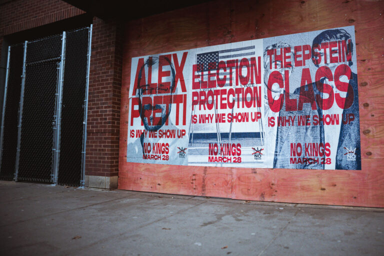 Uptown Minneapolis Protest Posters: Alex Pretti, Election Protection, No Kings 2 Protest posters in Uptown Minneapolis advocate for Alex Pretti, election protection, and "No Kings" on March 28, displayed on a plywood-covered wall.