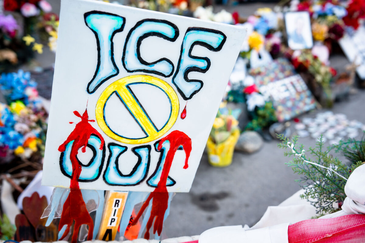 ICE OUT sign at Alex Pretti Memorial in Minneapolis