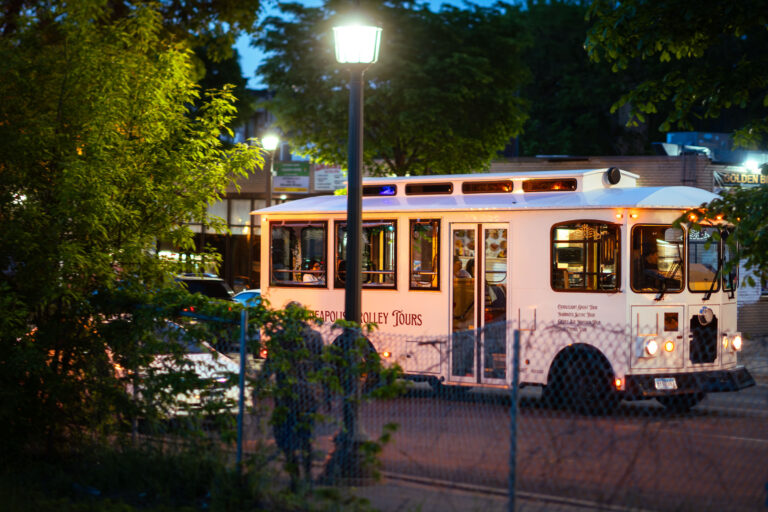 Minneapolis Trolley Tours on Nicollet Avenue 3 Trolley car in Minneapolis at night