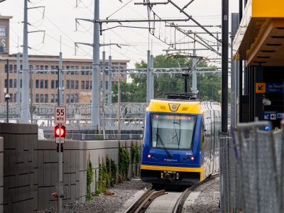 Test Train 313A Approaches Royalston Station on the Green Line Extension