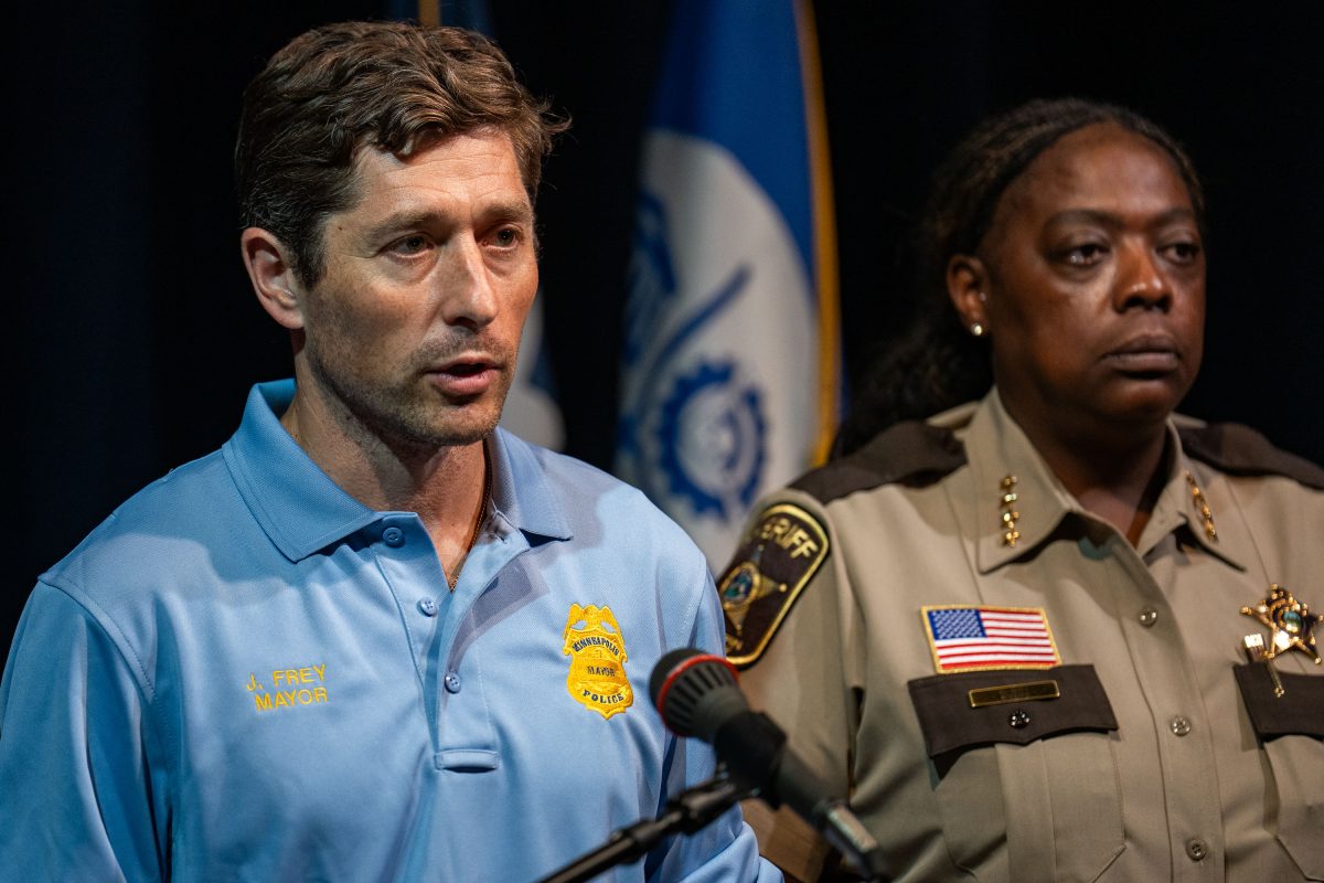 Minneapolis Mayor Jacob Frey speaking to reporters at City Hall