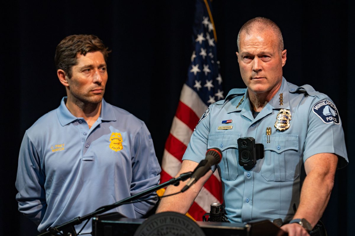 Minneapolis Police Chief Bill Peterson takes questions from reporters