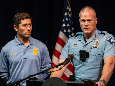 Mayor Frey and Chief Peterson at Shoreline Plaza Press Briefing