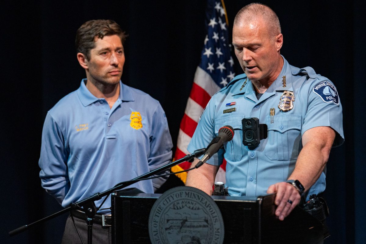 Minneapolis Police Interim Chief Bill Peterson speaks to reporters