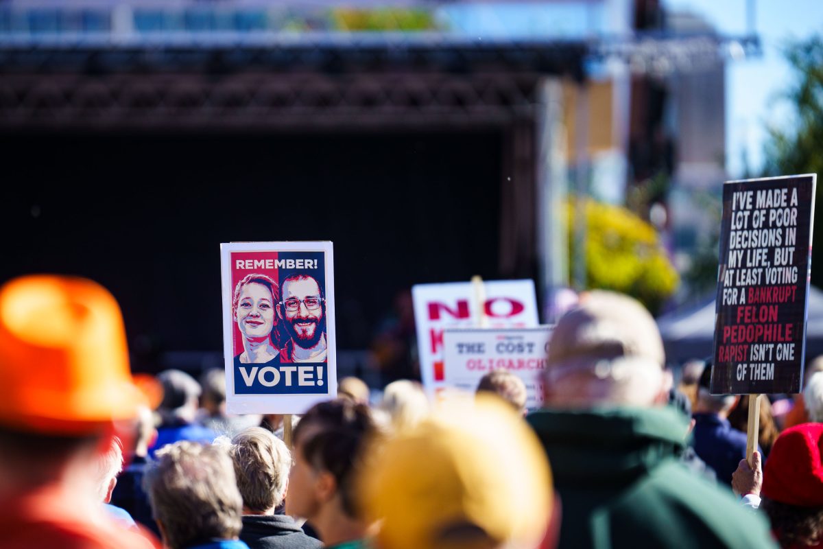 Protesters hold voting and anti-corruption signs at the No Kings rally in Minneapolis Commons Park.