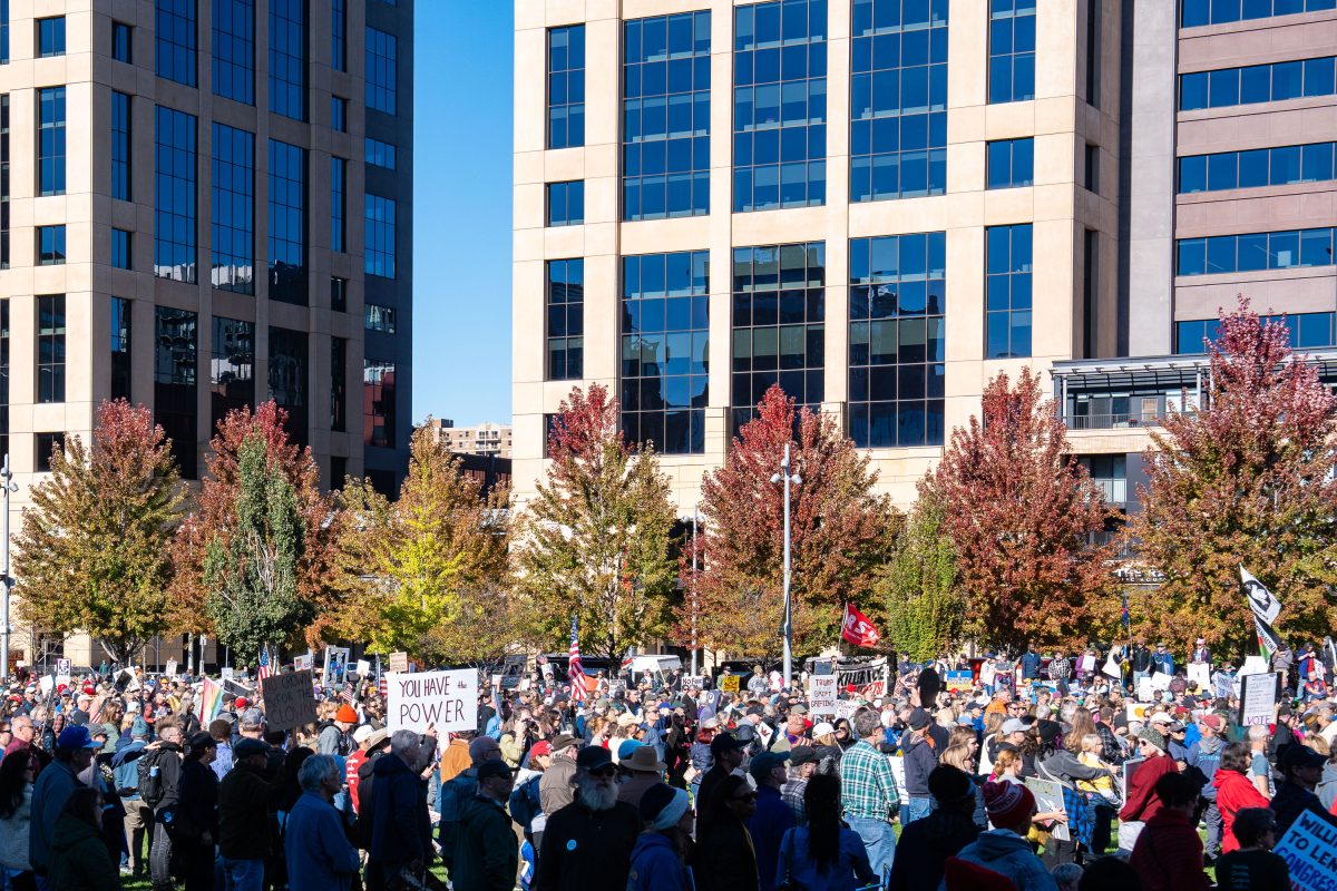 Thousands of protesters gather at Commons Park in Minneapolis during the No Kings rally on October 17.