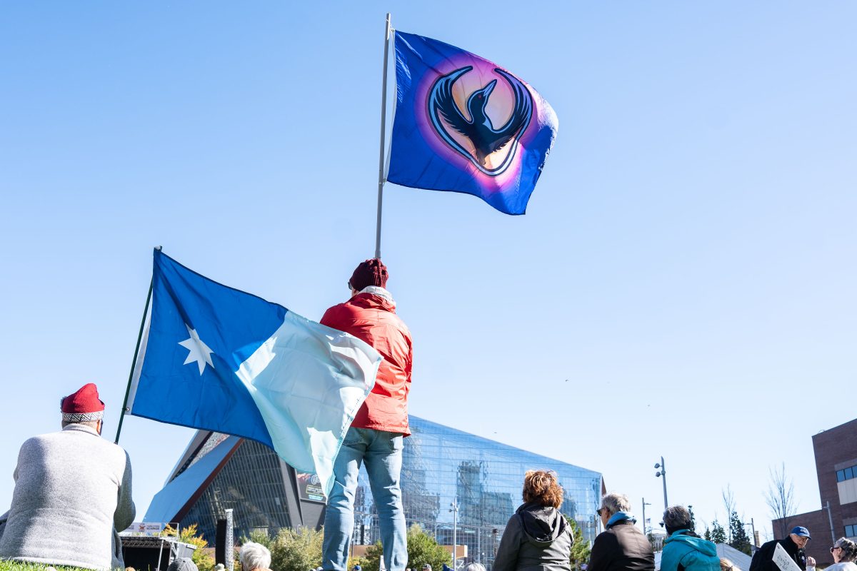 Protesters holding flags at the NO KINGS rally in Minneapolis Commons Park beneath clear skies.