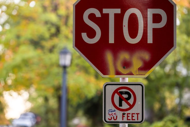 FUCK ICE STOP ICE stop sign in Minneapolis