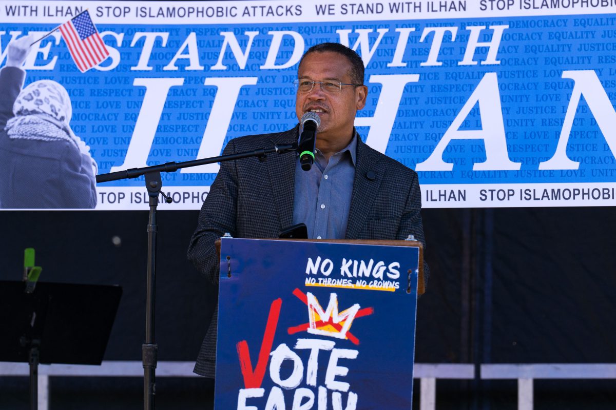 Minnesota Attorney General Keith Ellison speaks at the NO KINGS rally in Minneapolis on October 17.