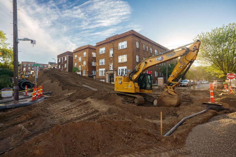 Large dirt piles on 1st Avenue in Minneapolis