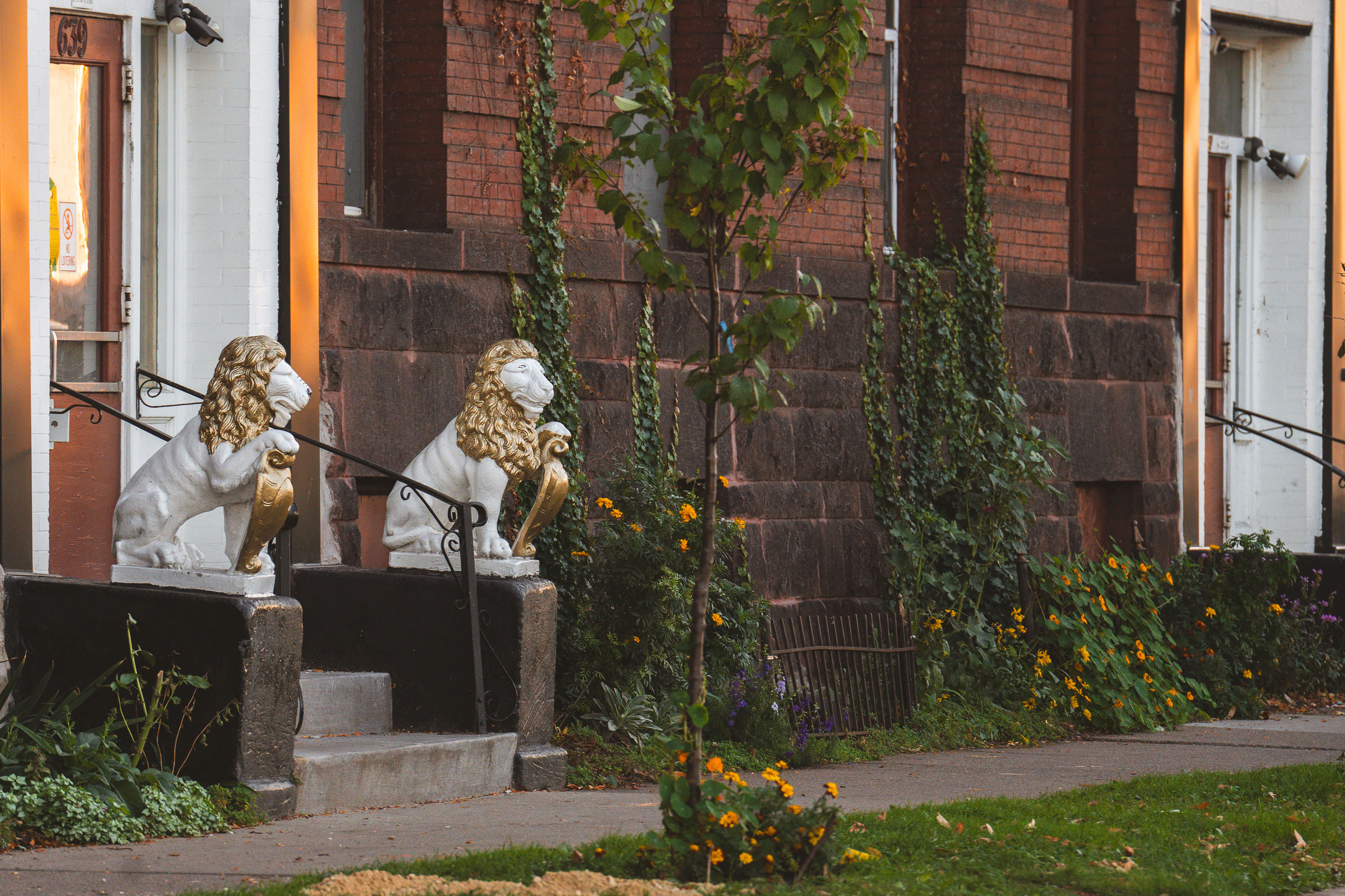 2 lions outside the doors of an apartment building.