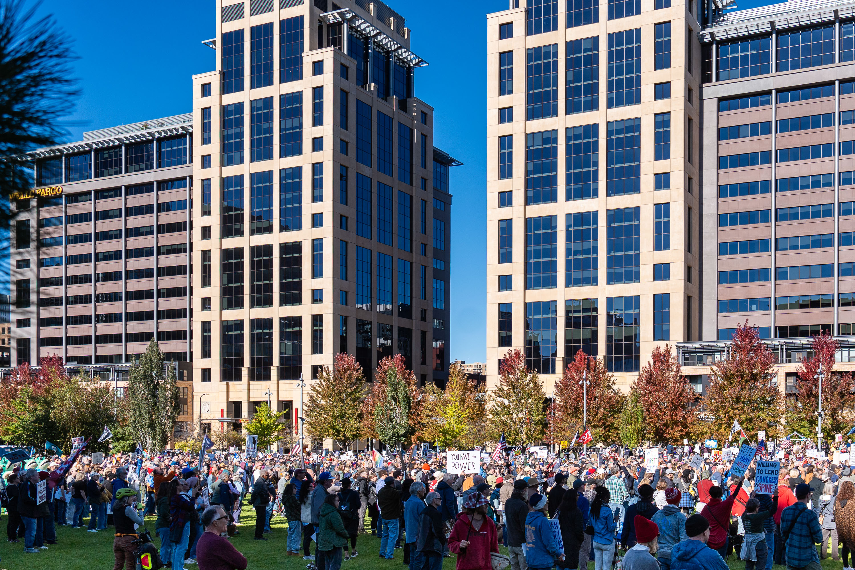 Thousands of protesters gather at Commons Park in Minneapolis during the NO KINGS rally on October 17.