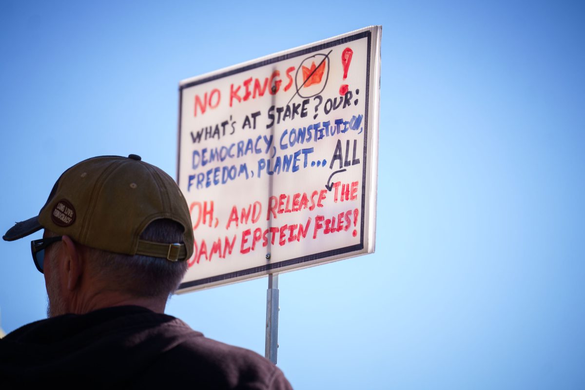 A protester holding a sign reading "No Kings" with messages about democracy, freedom, and constitutional rights during a Minneapolis rally.