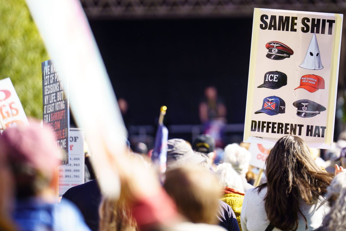 Protester holds a sign comparing symbols of authoritarianism with the phrase "Same Shit Different Hat" at the No Kings rally in Minneapolis Commons Park.