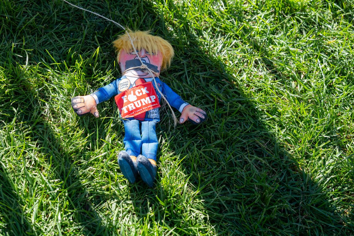 Action figure wearing "Trump" clothing lies on grass at the NO KINGS rally in Minneapolis.