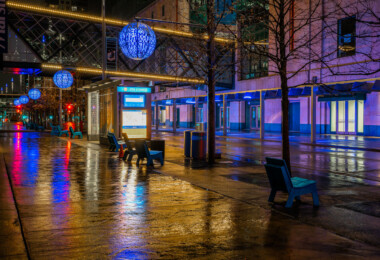 Rainy night on Nicollet Mall during early days of COVID-19 outbreak. Rainy night on Nicollet Mall during early days of COVID-19 outbreak.